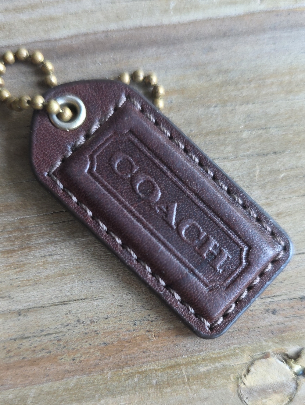 Coach Brown Leather Logo Hang Tag Key Fob with Chain Hangtag